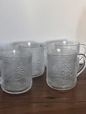 4 Duralex Embossed Frosted Glass Christmas Tree Mugs/Cups Coffee/Tea France