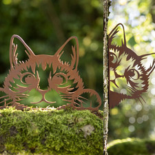 Peeking Cat Metal Fence Post Decoration - Rust Garden Wall Ornament Topper