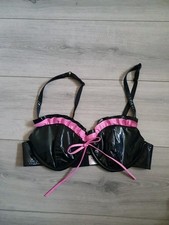 BNWOT Vintage Ann Summers Black & Pink PVC Frill Bra Size 14-16 