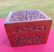 Handcarved tea chest square wooden box, hinged lid, trinket