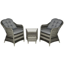 Outsunny 3 PCS Aluminium Rattan Bistro Set with Soft Cushions & Glass Top