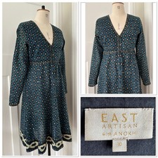 RETRO EAST ARTISAN WITH ANOKHI INDIGO BLOCK PRINT COTTON GAUZE MIDI DRESS M