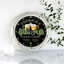 Personalised Wall Clock Irish Bar Family Name Round Glass Ireland Pub Gift KRC44