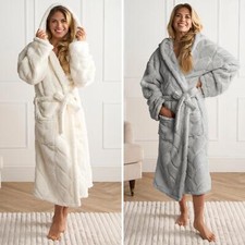 Luxury Fleece Dressing Gown Robe Plush Womens Supersoft Hooded PJ Cosy Loungwear
