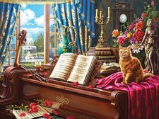 Stretched Canvas art print giclée - poster - pillow. grand piano cat
