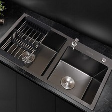 Stainless Steel Double Bowl Sink Kitchen Inset Basket w/Drainer+Soap Dispenser