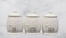 Set of 3 Ceramic Tea Coffee & Sugar White Storage Jars Heart Shabby Chic Gift