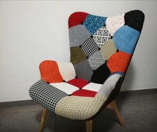 Recliner Chair Fabric Patchwork Colorful Relax Vintage Legs Wood Design