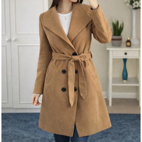 Camel belted wrap coat double - wrap,