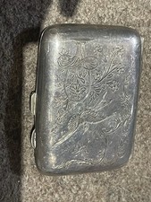 Antique Solid Sterling Silver Cigarette Case Engraved Bird Rare