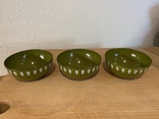 VTG CATHERINE HOLM OLIVE GREEN LOTUS ENAMEL BOWLS 1960s. 4in Dia Set Of  3 VGC 
