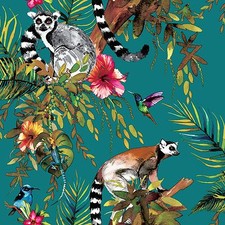 Lemur Jungle Tropical Flowers Exotic Birds Animals Teal Green 12402 Wallpaper