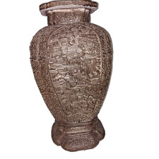 VTG  Chinese Warrior Relief Brown Umbrella Stand Vase 21" Tall