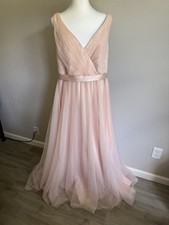 White Vera Wang Blush Pink A-Line Tulle Surplice Sheer Lace Back Dress Womens 16