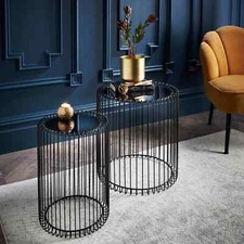 Nesting Set of 2 Round End Tables Wire Coffee Table Cage Mirrored Top Livingroom