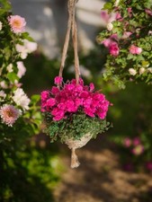 Dolls House large Hanging Basket With bright pink flowers. Hand Made UK