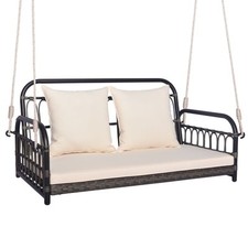 2-Person Hanging Swing Bench Patio Wicker Swing Chair White