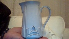EARLY ARTS AND CRAFTS MISSION STYLE ART POTTERY PITCHER WHITE/ COBALT BLUE MOTIF