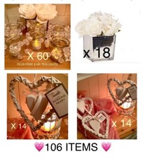106 WEDDING DECORATIONS BUNDLE JOBLOT 60 CANDLES 28 WICKER HEARTS 18 FLOWERS NEW