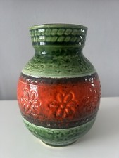 Vintage West German Pottery Fat Vase / Bay / Green / Orange  1970s Retro