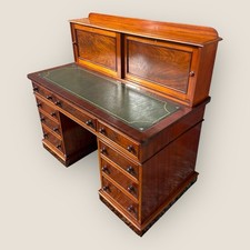 Antique Victorian Mahogany Pedestal Desk – 9 Drawers, Tooled Leather & Cupboard