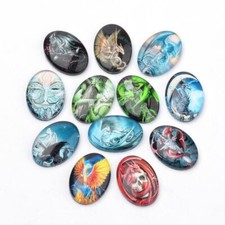 10 OVAL Glass Domed Cabochons Mixed Design Mythical Creatures Skulls 25mm x 18mm