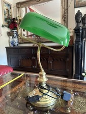 Vintage Brass Bankers Lamp  tiffany style Emerald  Green Glass light  shade 