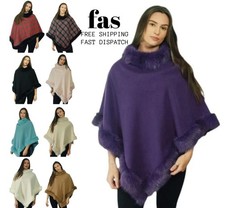 Women's Winter Poncho Faux Fur Trim Collar Warm Soft Ladies Cape Shawl Wrap NEW