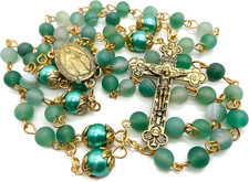 Nazareth Store Catholic Gold Rosary Necklace Matte Stone Beads Green Pearl 