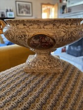 Vintage Empire Ware England Gold Pedestal Dish with Victorian Scene