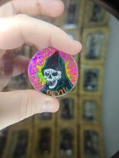 Vintage 90s Metal POG Slammer Pink Holographic “Devil” Skull Retro Horror...