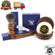 Mens Shaving Brush Set, Cut Throat Straight Razor Bowl and Soap Wooden Shave Kit