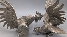 Vintage Pair of Silver Plated Bird Sculptures Fighting Roosters - Italy 
