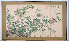 1970s Taiwanese Byobu with Birds, Trees, & Flowers 4-Panel Folding Screen VG+