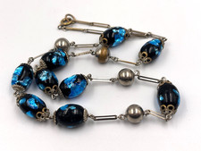 Old Vintage Peacock Blue Foil & Black Glass & Metal Bead Linked Necklace