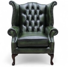 Green Chesterfield Chair Leather Genuine Solid Wood Vintage Look New