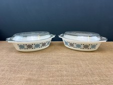 2 X VINTAGE RETRO PYREX GLASS JAJ CHELSEA PATTERN OVAL LIDDED CASSEROLE DISHES