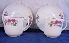 2 Small Vintage Bone China Cups & Saucers Red Floral Motif Gold Trim Wavy Fluted
