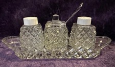 Vintage Cut Glass/Crystal 3 piece Cruet Set on Tray with small spoon.