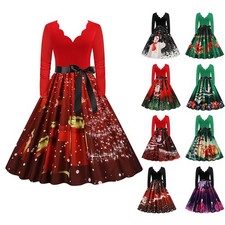 Women Christmas Vintage Midi Dress Ladies V Neck Swing Party Santa Fancy Costume