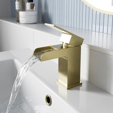 Waterfall Basin Mixer Tap Square Mono Single Lever Faucet Brushed Brass