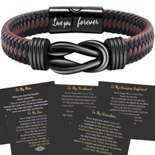 Mens PU Leather Bracelets Bangle Wristband & Gift Card for Dad Daddy Husband Man