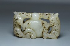 Chinese Antique Old Hetian Jade Hand-Carved Two Dragons Playing Pearl Statues