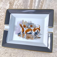 Vintage Hermes Porcelain Cigar Ashtray 3 Foxhounds Dog Change Tray Gold Rim