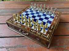 Vip Chessbox w Handmade Blue Chessboard - Inlaid Chess Set - Pearl Chessboard