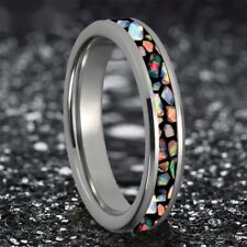 4MM Crushed Fire Opal Inlay Pipe Cut Polish Tungsten Carbide Ring Band Men Women