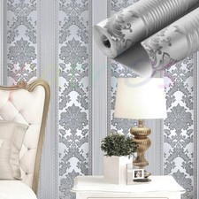 Silver Grey Damask Glitter Wallpaper Embossed Textured Non-Woven Wall Decor Roll