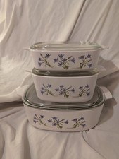 VTG CorningWare Pyrex Set Of 3 Blue Dusk 1qt, 1.5qt, 2qt With Lids blue Floral 