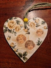 Shabby chic Hand Decorated floral & cherubs Hanging wooden heart 10x 10cm gift