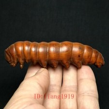 L 4 Inch Old Chinese Boxwood Hand Carved Silkworm Figure Statue Gift Collection